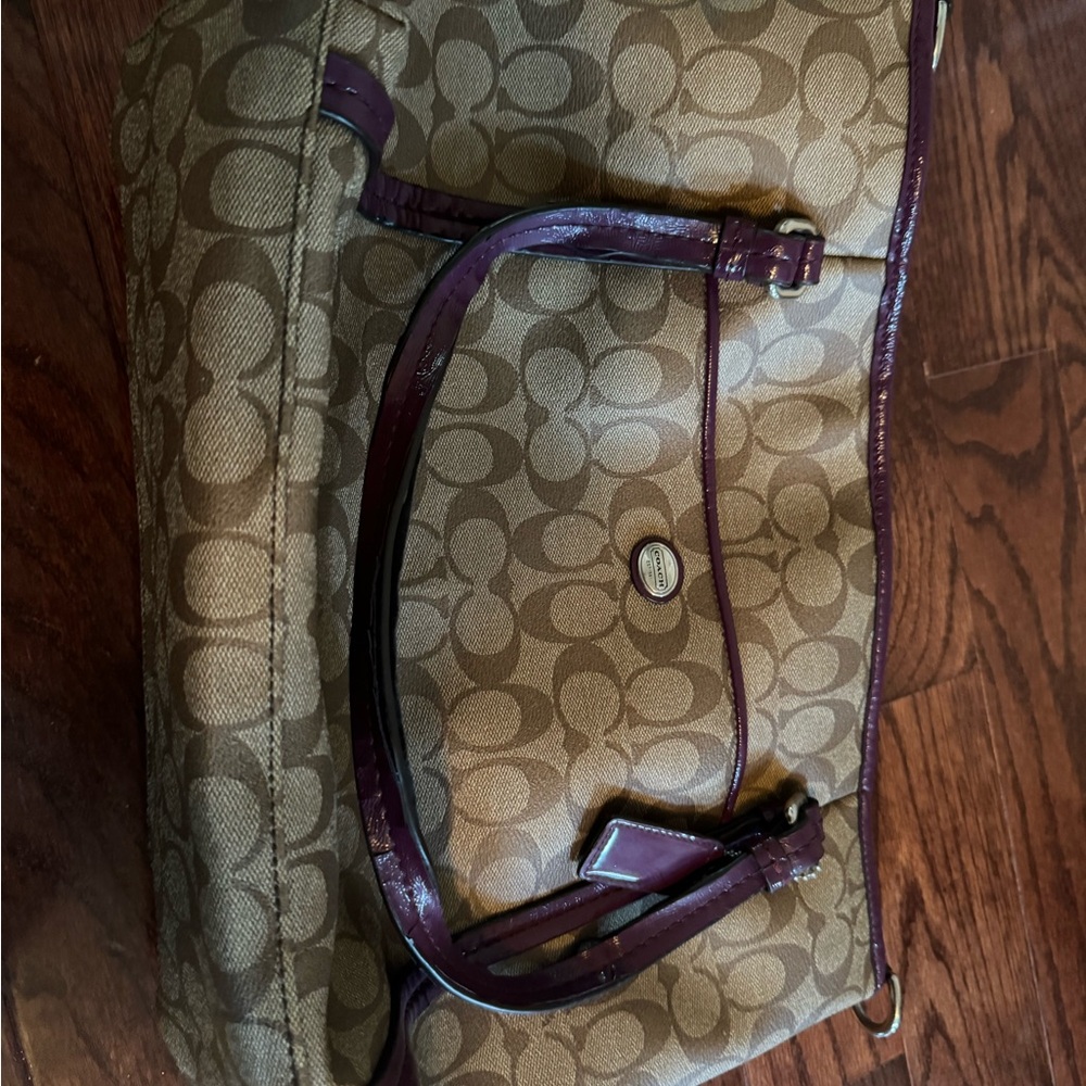 Coach signature tote bag brown w purple straps